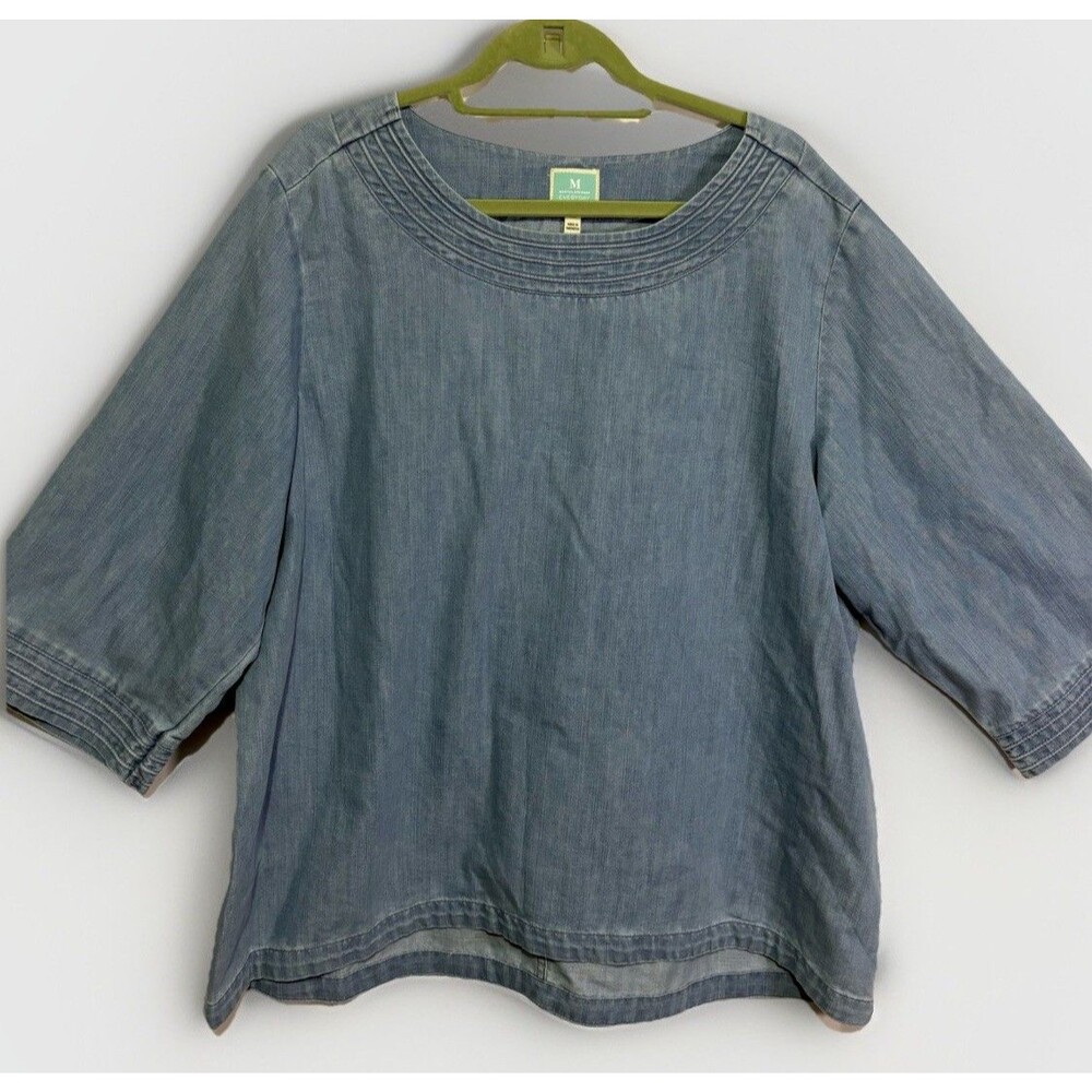 Martha Stewart Blue Denim Pullover Shirt 3/4 Sleeve Round Neck Coastal Preppy
